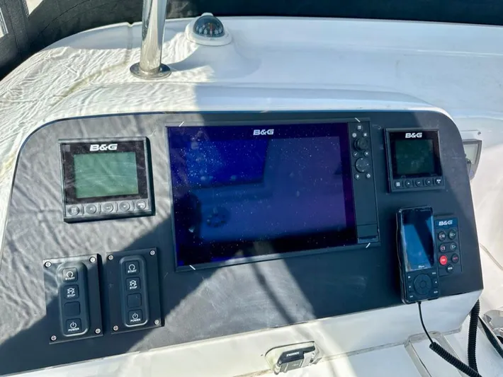 Never Say Never Yacht Photos Pics Cockpit navigation system of a 2017 Lagoon 42 catamaran with B&G displays.