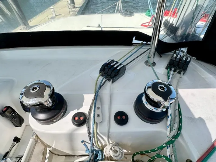 Never Say Never Yacht Photos Pics Cockpit view of 2017 Lagoon 42 sailboat with winches and ropes.