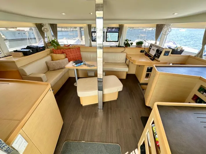 Never Say Never Yacht Photos Pics Interior of 2017 Lagoon 42 catamaran with modern seating and navigation area.