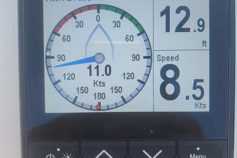  Yacht Photos Pics Boat instrument panel displaying wind angle, speed, and depth; Excess 12, 2020 model.