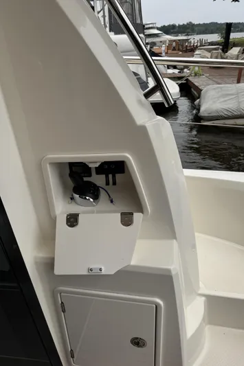  Yacht Photos Pics 2020 Prestige 460S yacht detail, featuring a storage compartment by the dock.