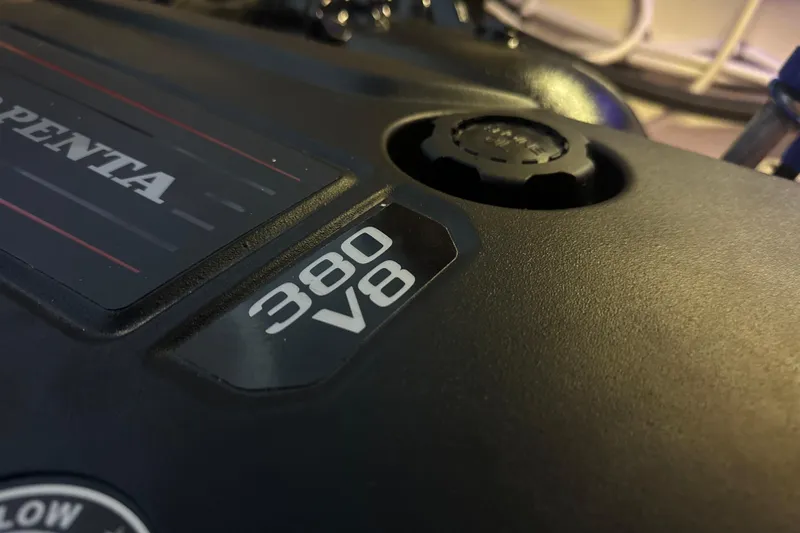 It's About Time Yacht Photos Pics Close-up of a Volvo Penta 380 V8 engine in a 2022 Regal 38 Grande Coupe.