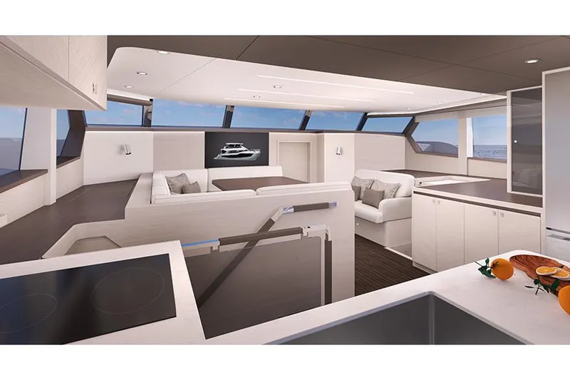  Yacht Photos Pics Manufacturer Provided Image: Luxurious interior of 2026 Aquila 50 Yacht with modern design and panoramic windows.
