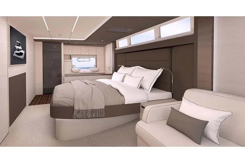  Yacht Photos Pics Manufacturer Provided Image: Luxurious bedroom interior of 2026 Aquila 50 Yacht with modern design and elegant furnishings.