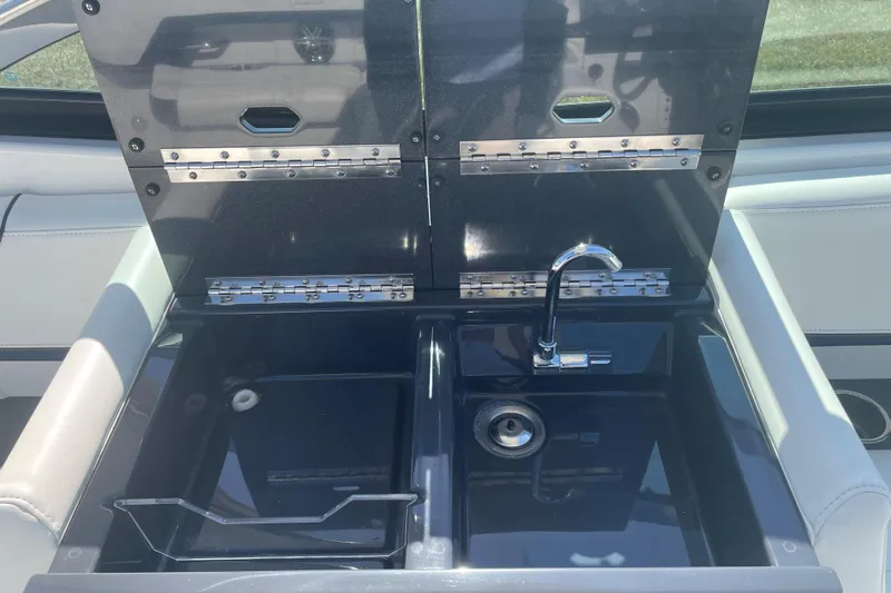  Yacht Photos Pics 2016 Formula 330 Crossover Bowrider sink with dual basins and chrome faucet.