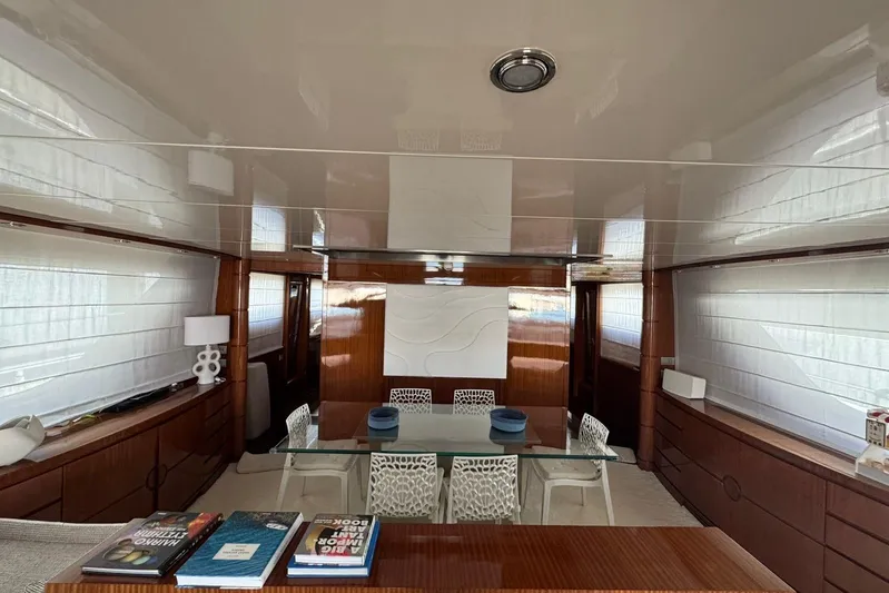 Yacht Photos Pics Luxurious interior of 2003 Sanlorenzo SL88 yacht with elegant dining area and modern decor.