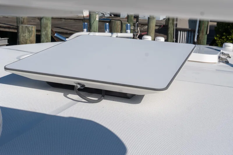 Almost Heaven Yacht Photos Pics 2024 Everglades 395 Center Console with mounted satellite dish on deck.