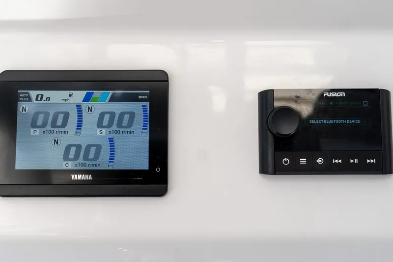 Almost Heaven Yacht Photos Pics Dashboard of 2024 Everglades 395 Center Console with Yamaha and Fusion displays.