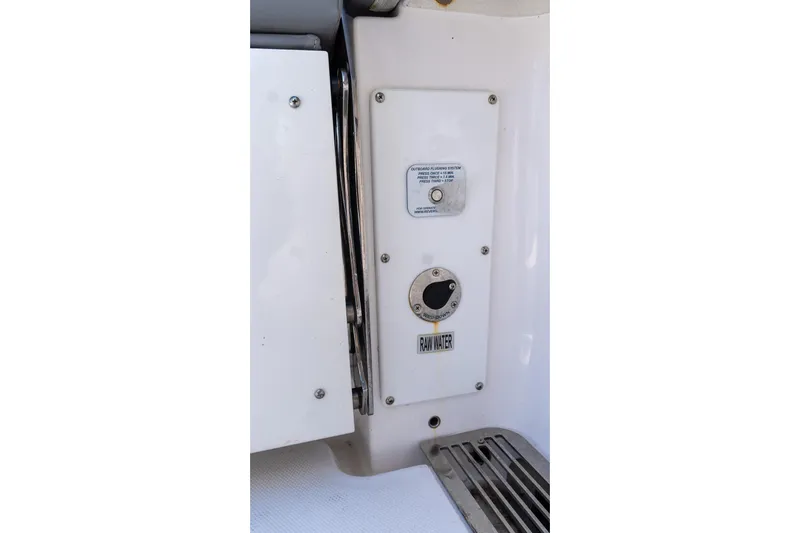 Almost Heaven Yacht Photos Pics 2024 Everglades 395 Center Console boat's raw water access panel.