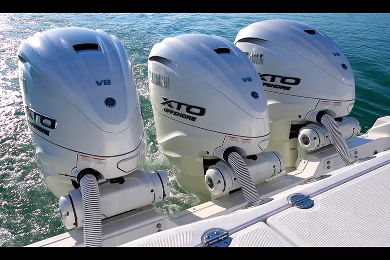 Almost Heaven Yacht Photos Pics Triple Yamaha XTO Offshore engines on 2024 Everglades 395 Center Console boat.