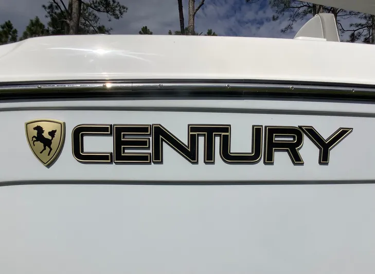 Highly Upgraded - 2025 Century 2600 Cc Yacht Photos Pics Century 2600 Center Console 2025 logo on white surface with emblem.