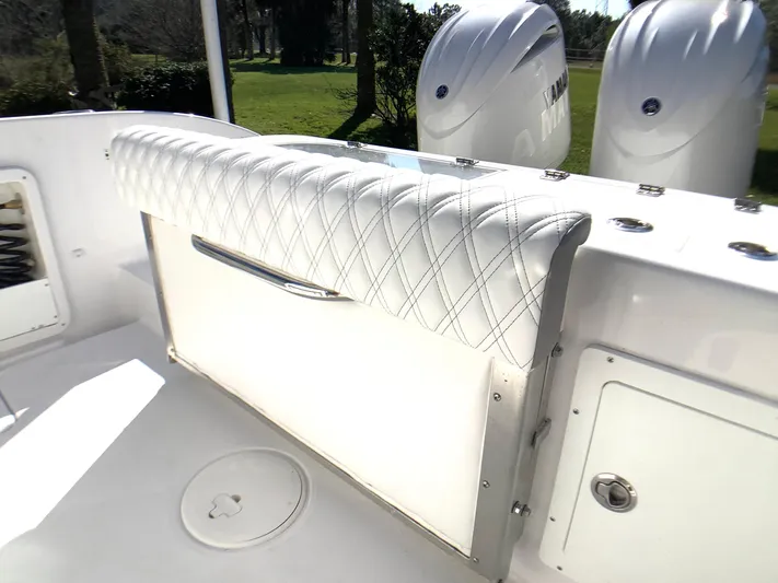 Highly Upgraded - 2025 Century 2600 Cc Yacht Photos Pics 2025 Century 2600 Center Console boat interior with quilted seating and dual Yamaha engines.