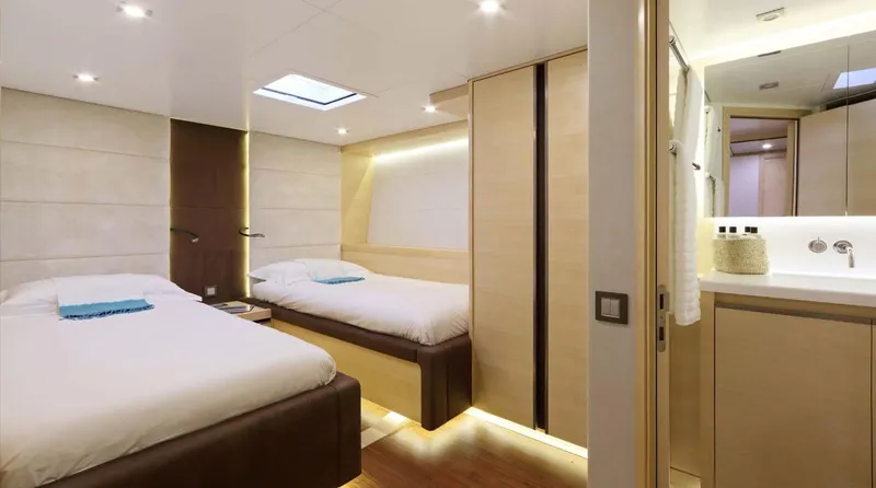 Spirit Of Malouen X Yacht Photos Pics Luxurious cabin interior of 2012 Wally 107 Racer-Cruiser yacht with twin beds and modern design.