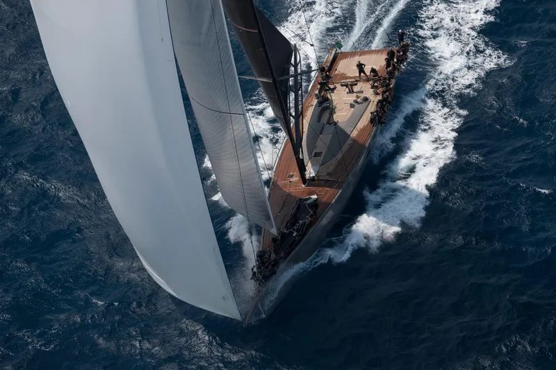 Spirit Of Malouen X Yacht Photos Pics Aerial view of 2012 Wally 107 Racer-Cruiser sailing on open sea.