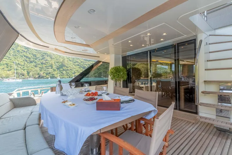 Yacht Photos Pics Luxurious dining area on 2016 Monte Carlo Yachts MCY 86, featuring elegant table setup.