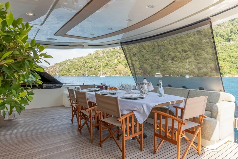  Yacht Photos Pics Luxurious dining area on 2016 Monte Carlo Yachts MCY 86, overlooking serene waters and lush greenery.