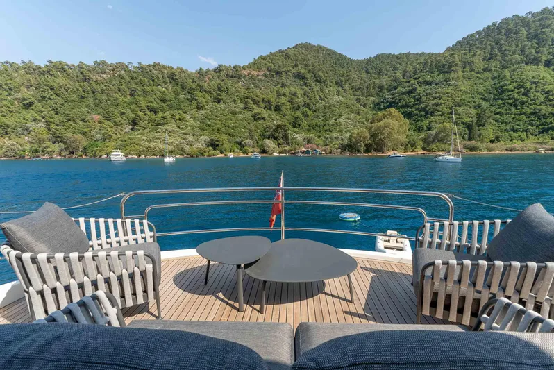  Yacht Photos Pics Luxury Monte Carlo Yachts MCY 86 deck with scenic ocean and forest view, 2016 model.