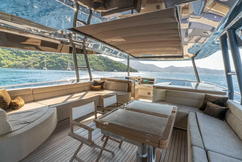  Yacht Photos Pics Luxurious 2016 Monte Carlo Yachts MCY 86 interior with elegant seating and scenic ocean view.