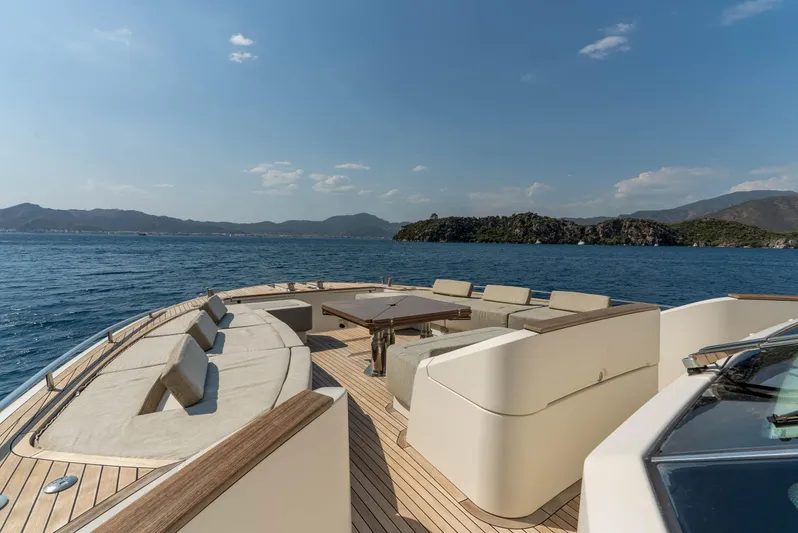  Yacht Photos Pics Luxurious 2016 Monte Carlo Yachts MCY 86 deck with seating, ocean view, and clear skies.