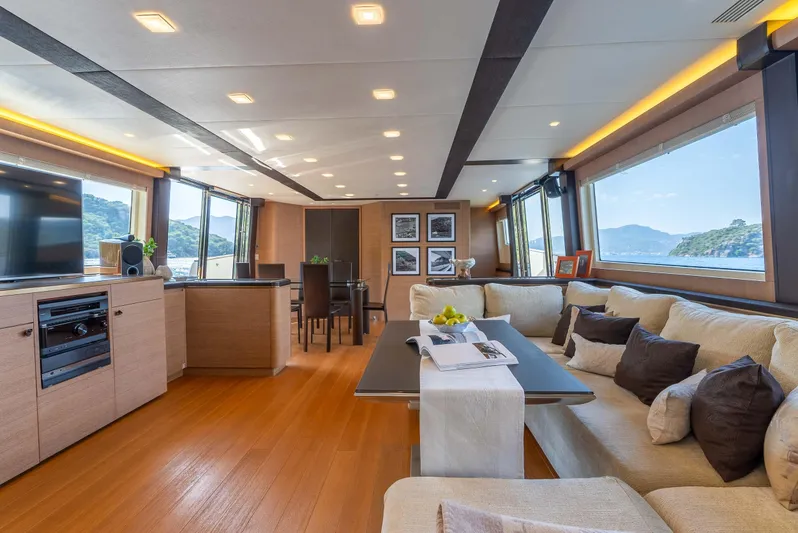  Yacht Photos Pics Luxurious interior of 2016 Monte Carlo Yachts MCY 86 with elegant seating and panoramic windows.