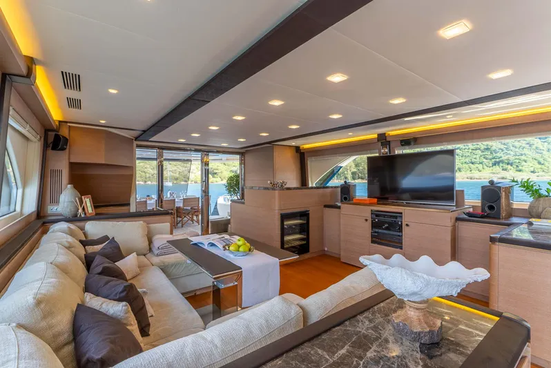  Yacht Photos Pics Luxurious interior of 2016 Monte Carlo Yachts MCY 86 with elegant seating and modern amenities.