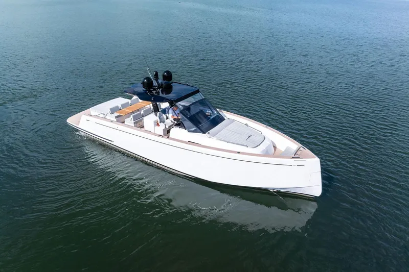 Lady Di Yacht Photos Pics 2024 Pardo Yachts 43 cruising on calm waters, showcasing sleek design and luxury features.