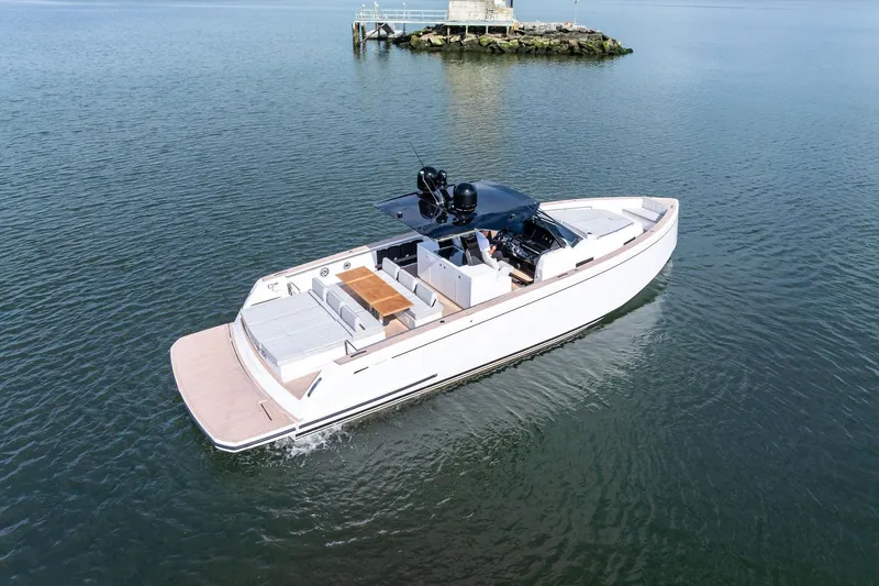 Lady Di Yacht Photos Pics 2024 Pardo Yachts 43 cruising on calm waters, showcasing sleek design and luxury features.