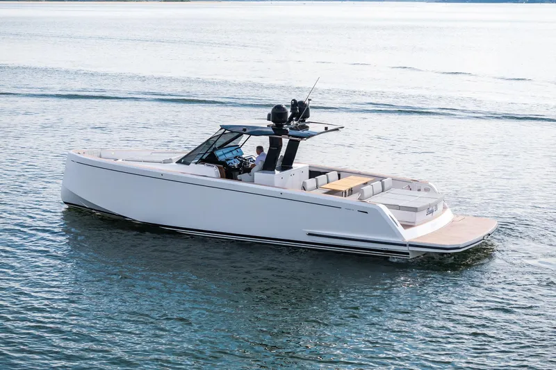 Lady Di Yacht Photos Pics 2024 Pardo Yachts 43 cruising on calm waters, showcasing sleek design and luxury features.