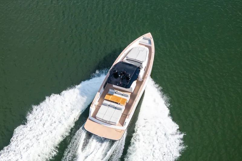 Lady Di Yacht Photos Pics 2024 Pardo Yachts 43 cruising on open water, aerial view.