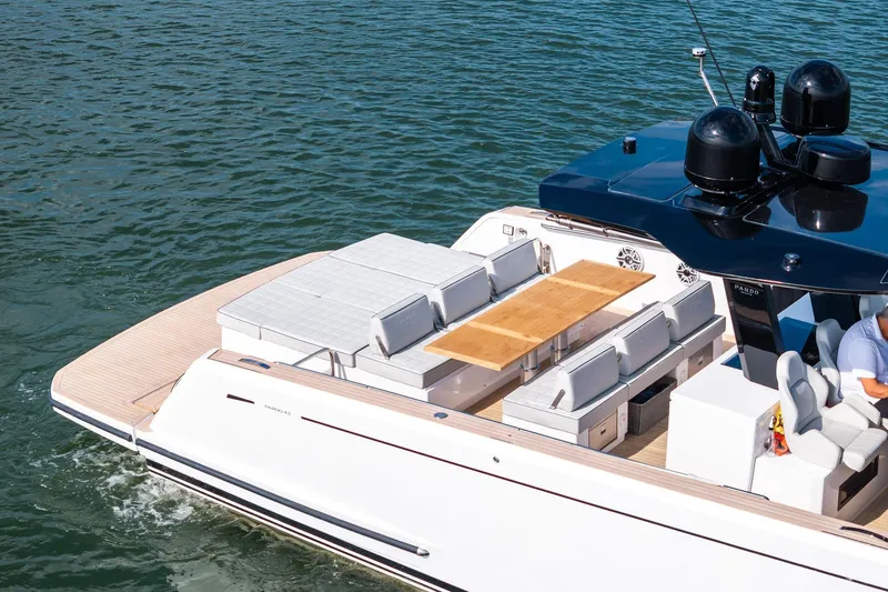 Lady Di Yacht Photos Pics 2024 Pardo Yachts 43 luxury yacht with spacious deck and seating on water.