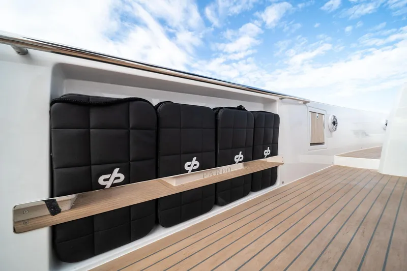 Lady Di Yacht Photos Pics 2024 Pardo Yachts 43 deck with cushioned storage and sleek design.