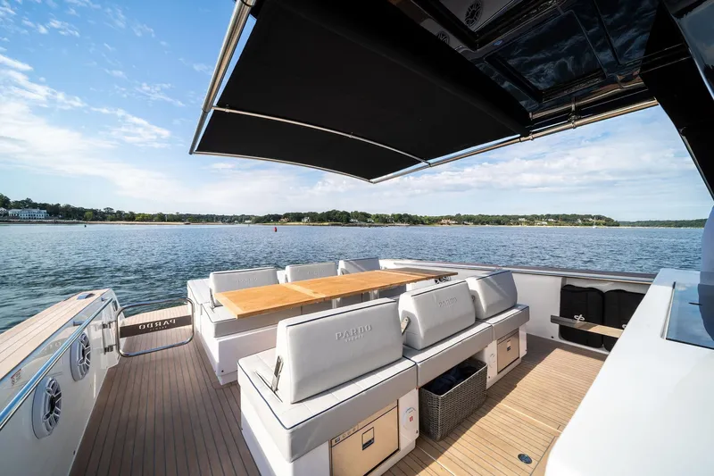Lady Di Yacht Photos Pics Luxurious 2024 Pardo Yachts 43 with elegant seating and scenic water view.