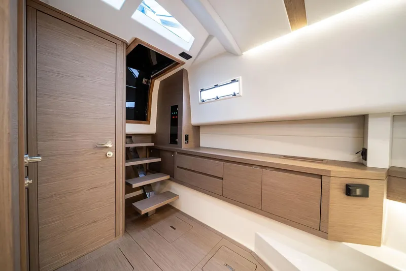 Lady Di Yacht Photos Pics Luxurious interior of 2024 Pardo Yachts 43, featuring sleek wood finishes and modern design.