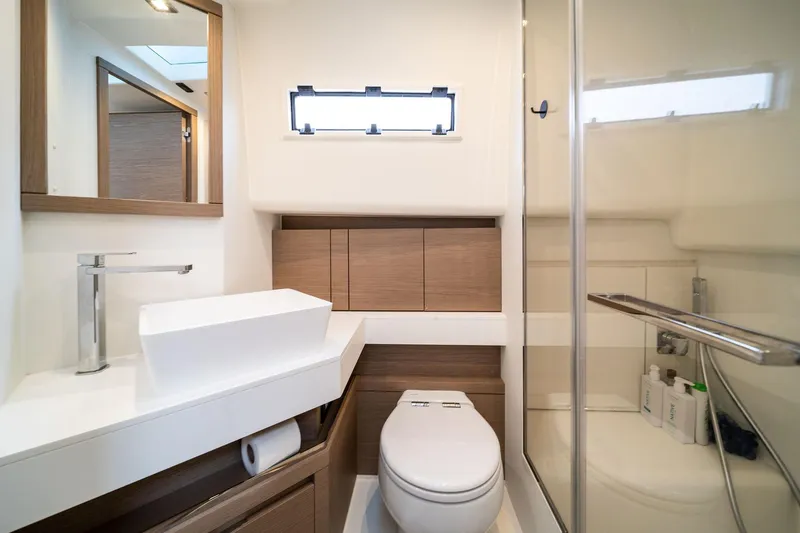 Lady Di Yacht Photos Pics Luxurious bathroom interior of 2024 Pardo Yachts 43, featuring modern fixtures and elegant design.
