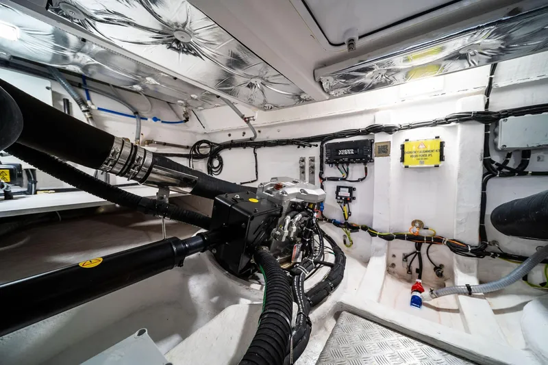Lady Di Yacht Photos Pics Engine room of 2024 Pardo Yachts 43, showcasing advanced mechanical systems and wiring.