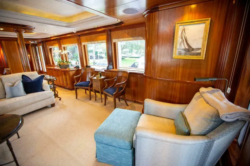 Waterford (name Reserved) Yacht Photos Pics Luxurious yacht interior with elegant wood paneling and comfortable seating, 2016 Sovereign Pilothouse.