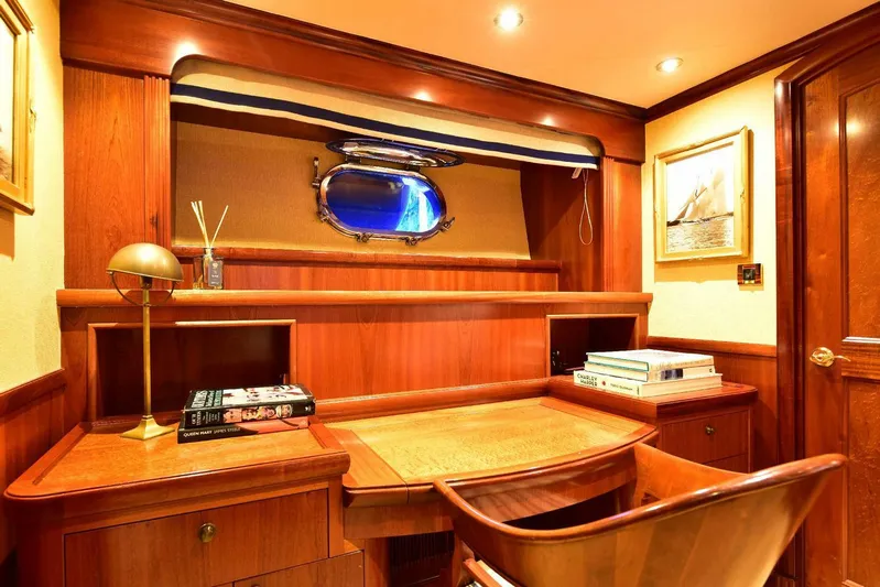 Waterford (name Reserved) Yacht Photos Pics Luxurious wooden desk area in 2016 Sovereign Pilothouse yacht cabin.