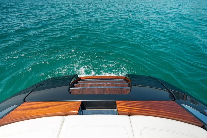 Carpe Vita Yacht Photos Pics 2022 Riva 38 Rivamare yacht stern view on clear blue water.