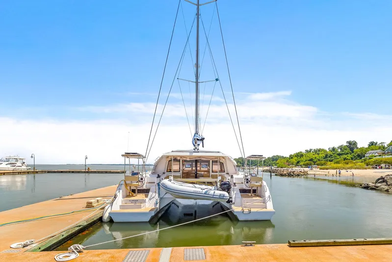 Vlaroda Yacht Photos Pics Nautitech 46 Open catamaran docked at marina, 2017 model, clear sky background.