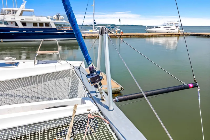 Vlaroda Yacht Photos Pics 2017 Nautitech 46 Open catamaran docked at marina, featuring deck and rigging details.