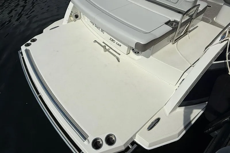  Yacht Photos Pics 2018 Formula 330 Crossover Bowrider boat deck with seating and swim platform.