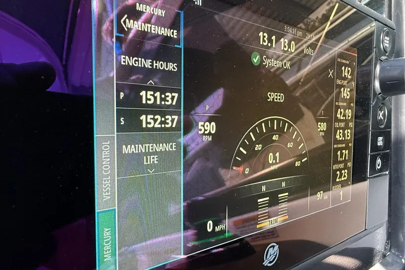  Yacht Photos Pics Dashboard display of a 2018 Formula 330 Crossover Bowrider showing engine and system metrics.