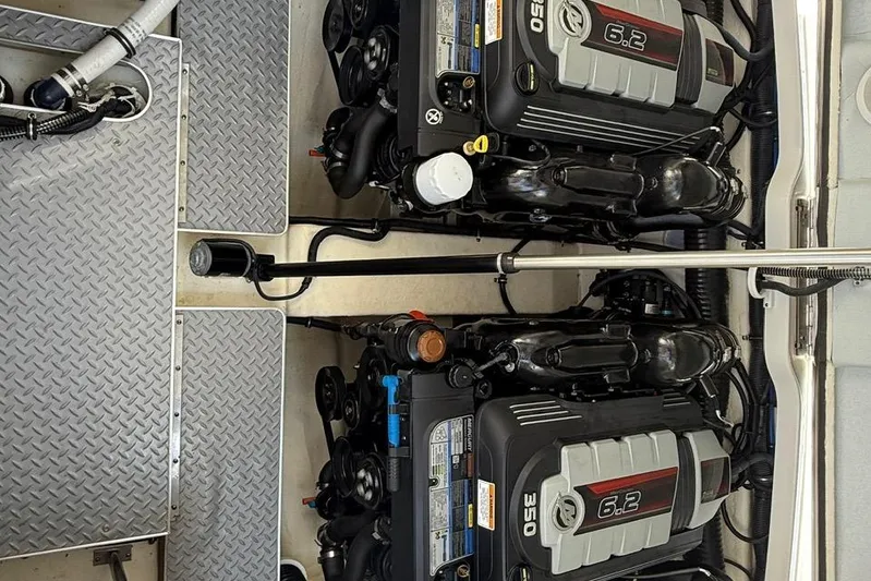  Yacht Photos Pics Twin engines in a 2018 Formula 330 Crossover Bowrider boat engine compartment.