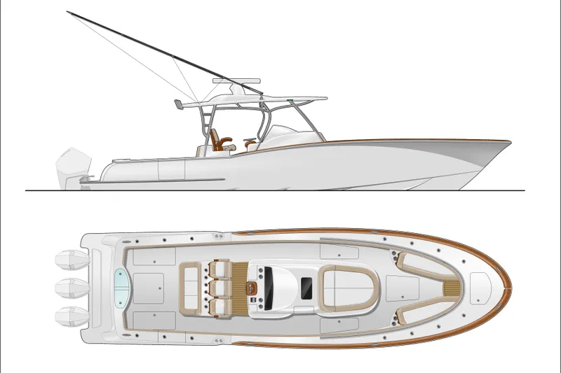  Yacht Photos Pics 2026 Mag Bay 38 CC boat design, side and top view, showcasing sleek lines and spacious layout.