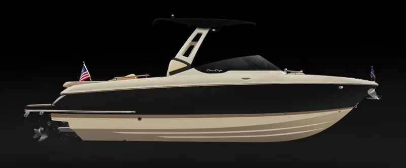  Yacht Photos Pics 2025 Chris-Craft Sportster boat, sleek design, black and beige, side view, American flags.