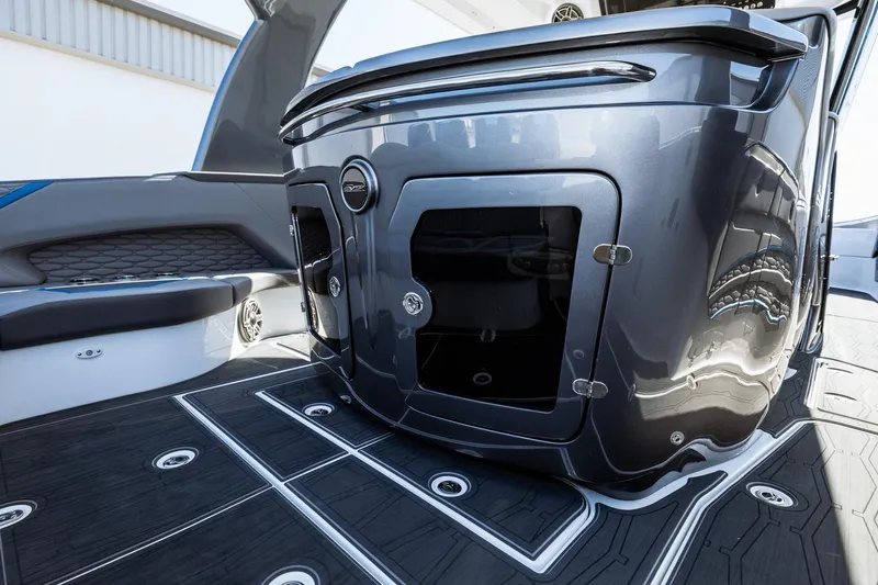  Yacht Photos Pics 2023 MTI V42 boat interior with storage compartments and sleek design.