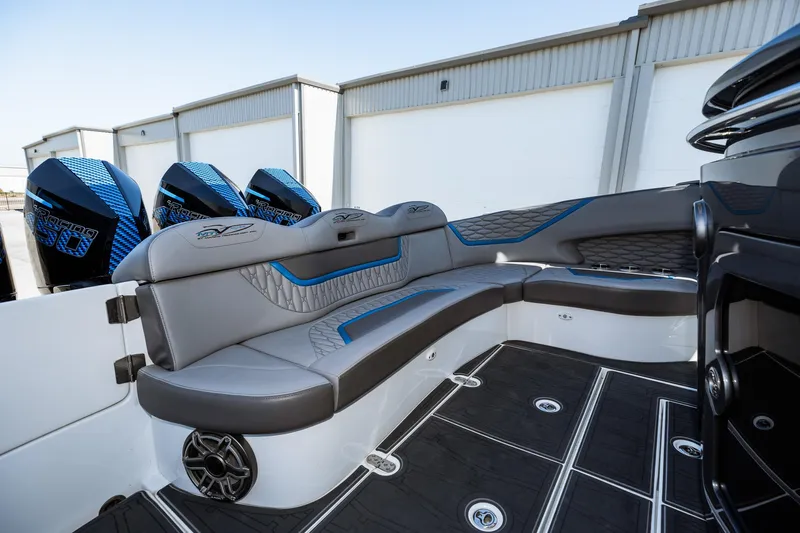  Yacht Photos Pics 2023 MTI V42 boat with luxurious seating and powerful outboard engines.