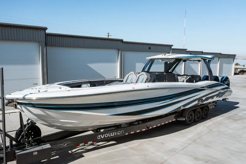  Yacht Photos Pics 2023 MTI V42 boat on Evolution trailer in storage facility.