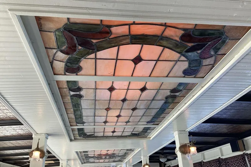 Indian River Queen Yacht Photos Pics Stained glass ceiling panel with intricate design on a custom 1984 Paddle Wheel.