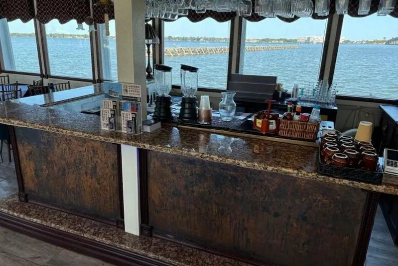 Indian River Queen Yacht Photos Pics Bar area on a 1984 Custom Paddle Wheel boat with scenic water views.